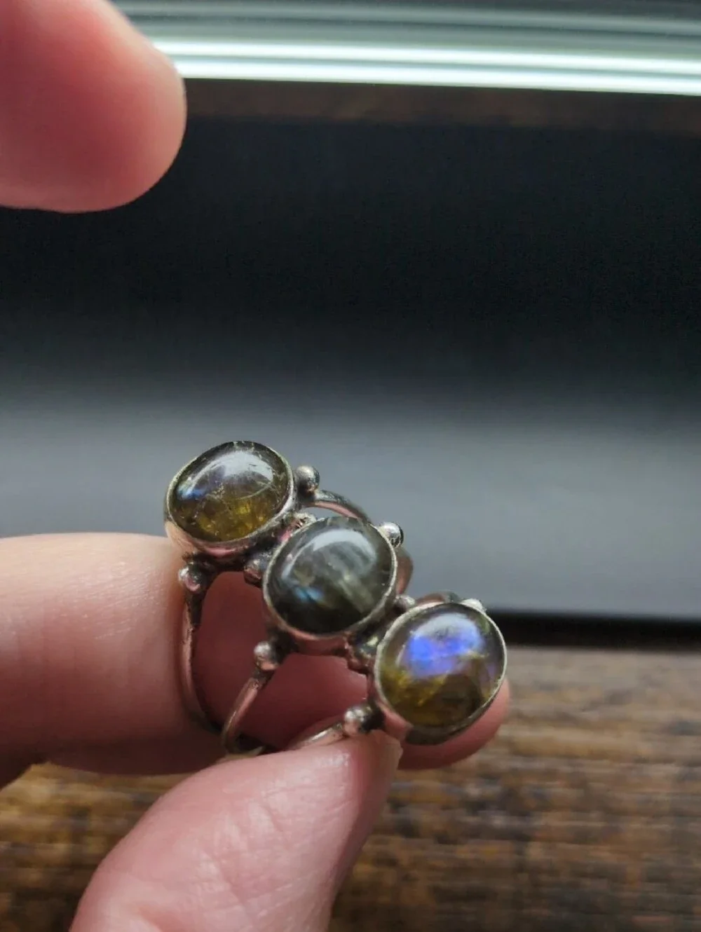 Triple Stone Labradorite Silver Ring - Green/Gray Accent